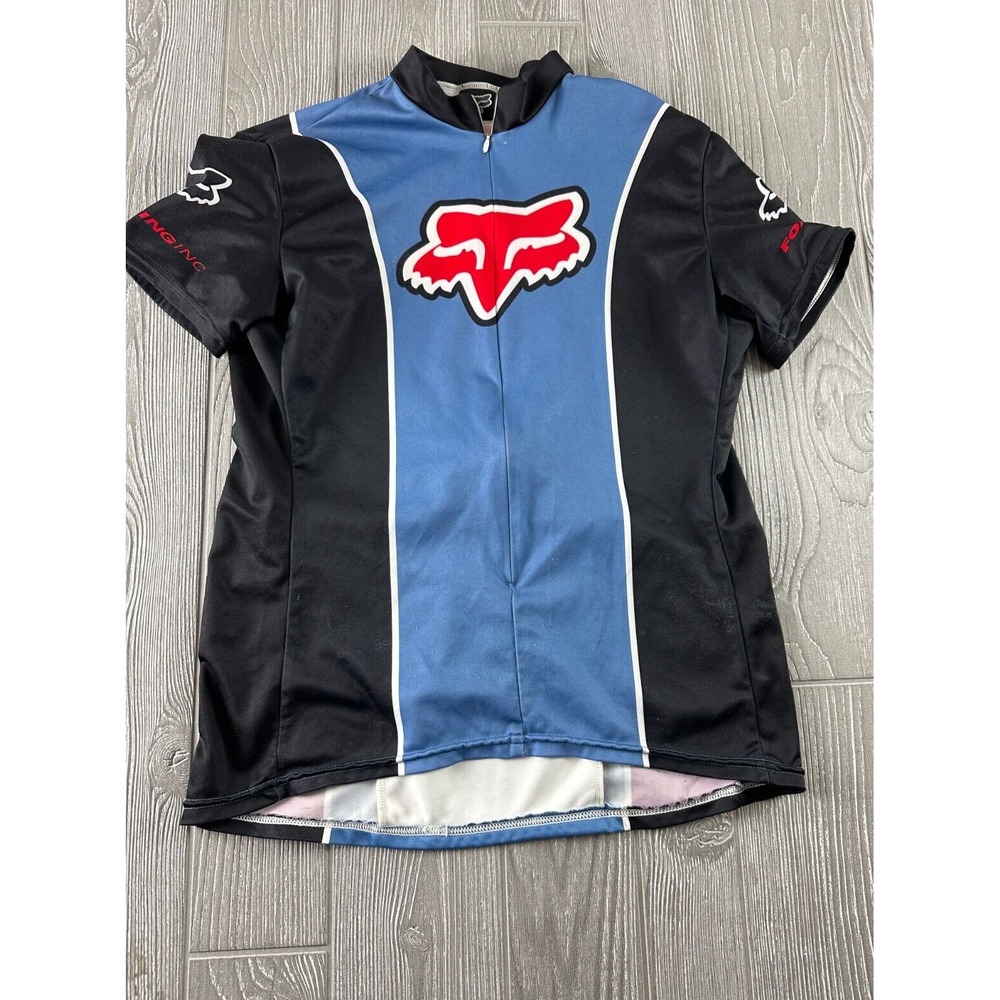 Fox Racing Womens Cycling Jersey Blue Black Quarter Zip Short Sleeve Logo Top